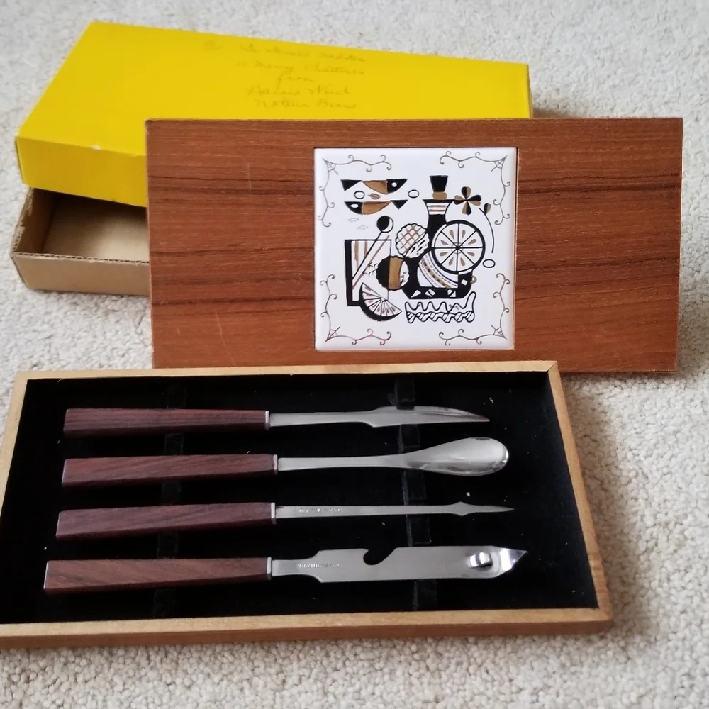 Mid Century Modern Teak & Stainless 4-PC Bar Tool